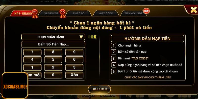 Thực hiện thao tác nạp tiền vào cổng game qua tài khoản ngân hàng